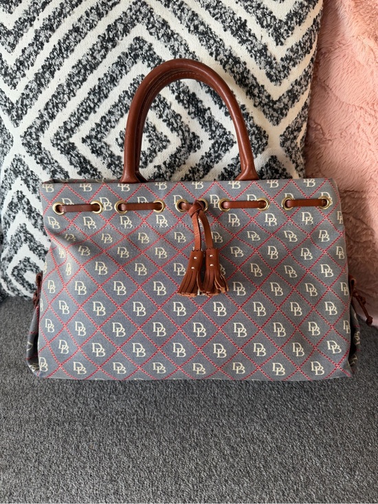 Dooney & Bourke Handbags - Dooney and Bourke Monogrammed Pattern Gray and Brown Tote Bag with Tassel